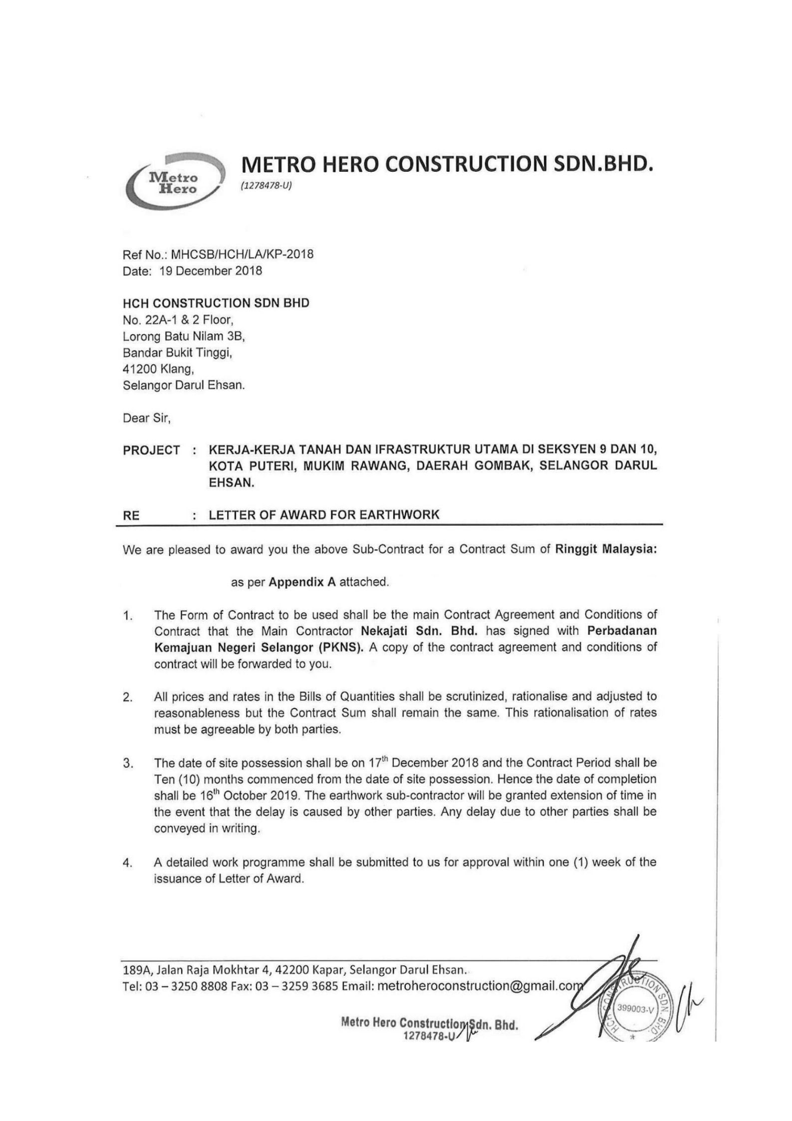 letter of award construction malaysia - Sue Paterson